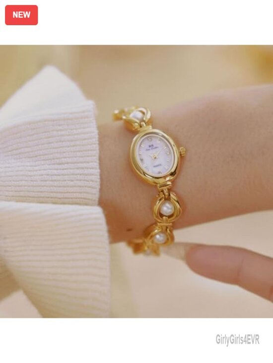 Vintage Pearl Bracelet Watch for Women Dainty Oval Dial Jewelry Waterproof